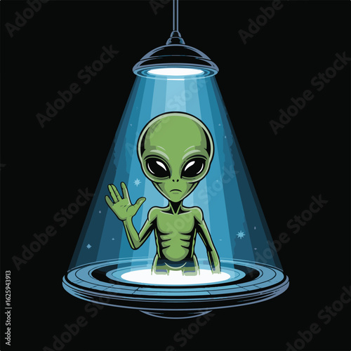 The alien hovered in the teleport. A scary alien with big eyes and a hand. A fantastic teleporter or time machine hanging from the ceiling in a blue glow.
