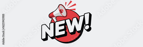 of Red Megaphone Announcing New! in Bold White Letters and Black Shadowing on Grey