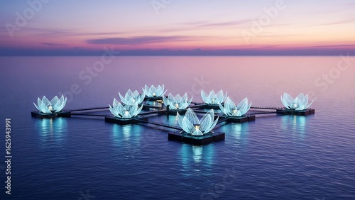 This image features a network of glowing, lotus-shaped floating platforms on calm water at sunset, symbolizing futuristic and sustainable marine architecture or artistic installation.