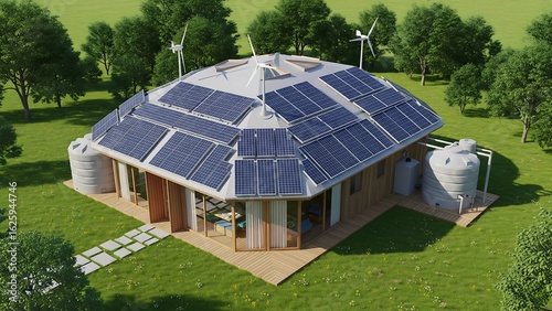 This image features a modern, hexagonal house equipped with solar panels and wind turbines, symbolizing sustainable living, renewable energy, and eco-friendly architecture.