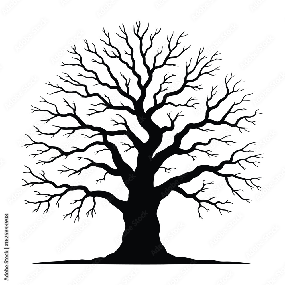 Obraz premium Minimalist Winter Oak Tree Silhouette, Vector, Illustration, Outline, Line Art, Icon, White Background.