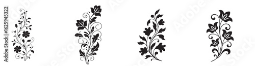 Four floral design elements with black flowers and leaves on a white background in a simple style