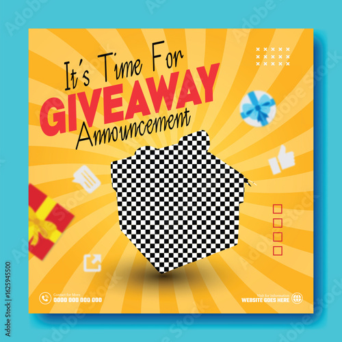 It s time for giveaway announcement with festive gift box and bright bursting background