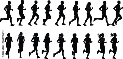 Running Silhouette Set, Male and Female Runners, Athletic Motion, Biomechanics Poses, Black Figures, Vector Clipart, Sports Design Elements