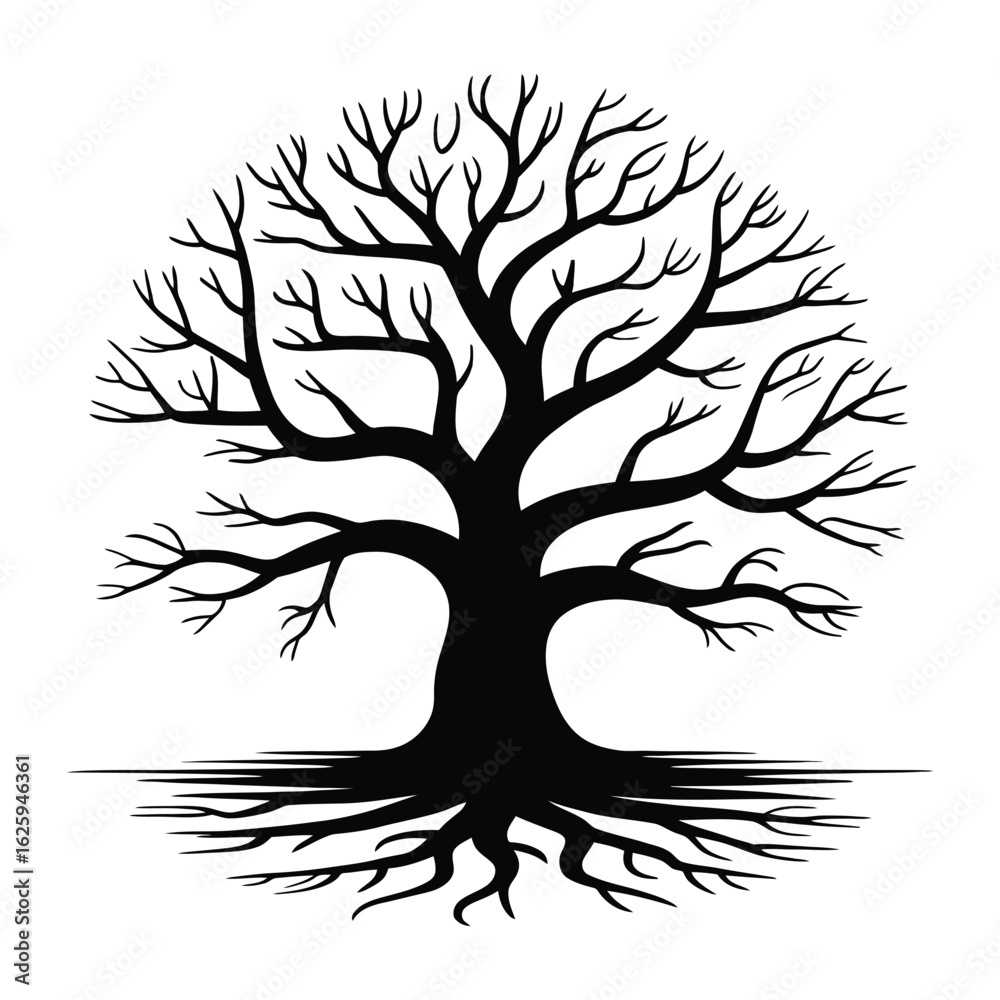 Obraz premium Tree of Life with Roots & Branches Silhouette, Vector, Illustration, Outline, Line Art, Icon, White Background.