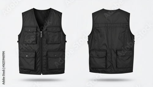 3D Realistic Mockup of Black Utility Vest with Multiple Pockets - Front and Back Views on Isolated White Background