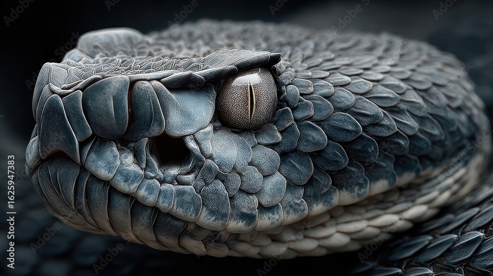Obraz premium Coiled Snake with Tongue Out in Dark and Mysterious Environment