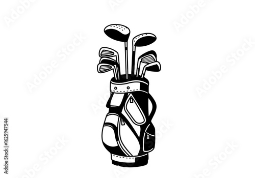 A black and white line art illustration of a golf bag filled with a set of golf clubs.