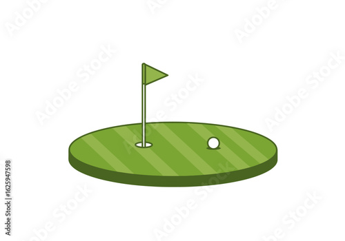 A green golf course with a flag and a white ball on the putting green.