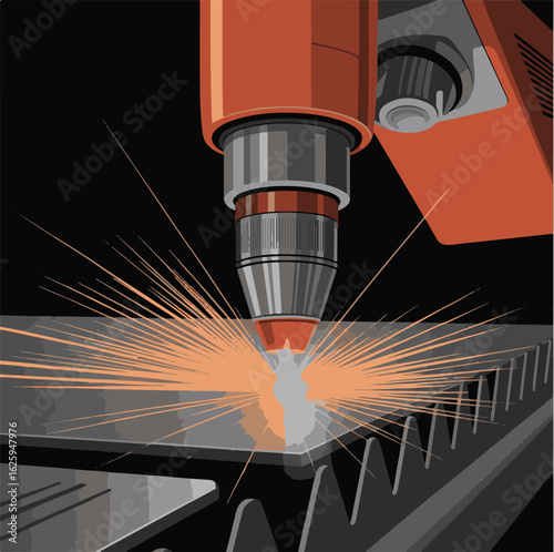 A red laser beam cuts metal in close-up. The orange plasma beam of the welding machine strikes sparks from metal. 