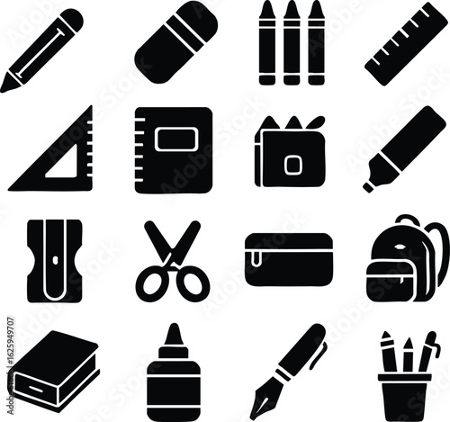 Set of sixteen black solid glyph icons representing various school and office stationery supplies.