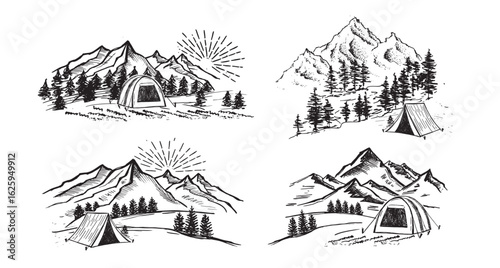 Camping in nature, Mountain landscape, sketch style.