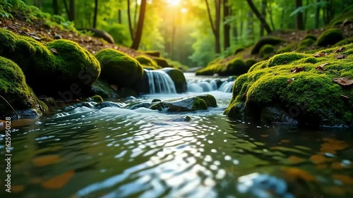 Sunlit forest stream with mossy rocks and gentle waterfalls creates a peaceful natural escape.