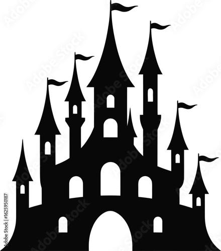 Majestic fantasy castle silhouette with flags black