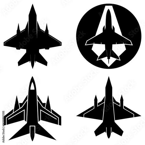 Four stylized black fighter jet silhouettes in varying designs against a white background display aviation art