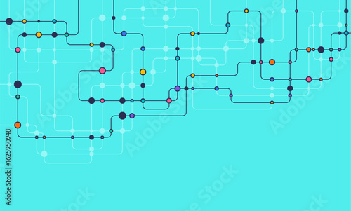 Vibrant metro transit map with colorful interconnected lines and nodes on bright cyan background, ideal for urban transport and planning designs.