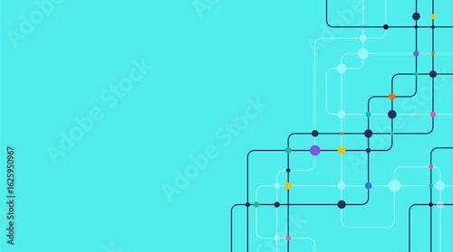 Vibrant metro transit map with colorful interconnected lines and nodes on bright cyan background, ideal for urban transport and planning designs.