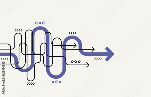 Abstract curved arrow lines merging into one direction, symbolizing complexity, process flow, and strategic planning on minimal background.