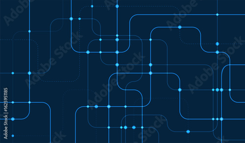 Futuristic digital network with curved blue circuit lines and glowing nodes on dark background, ideal for tech, data, and connectivity concepts.