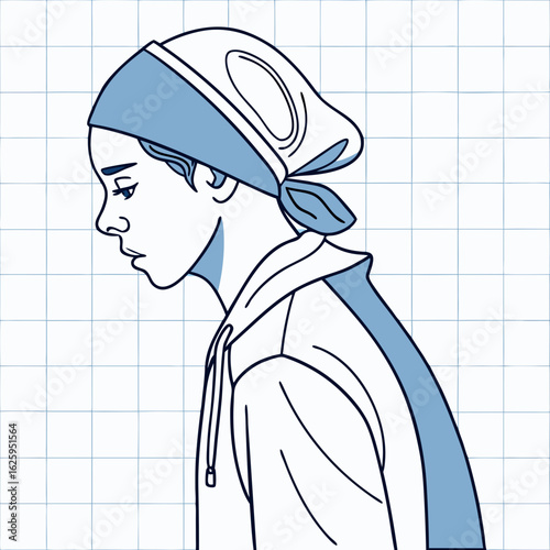 Young girl with cancer wearing a headscarf looking sad and depressed isolated on white background