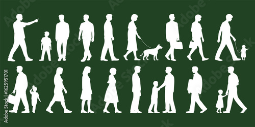 Silhouettes of people walking with kids and dogs, family lifestyle, parent child bonding, pedestrian movement, street walking vector illustration