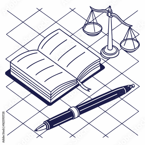 Illustration of law and justice concept with book, scale, and pen isolated on white background