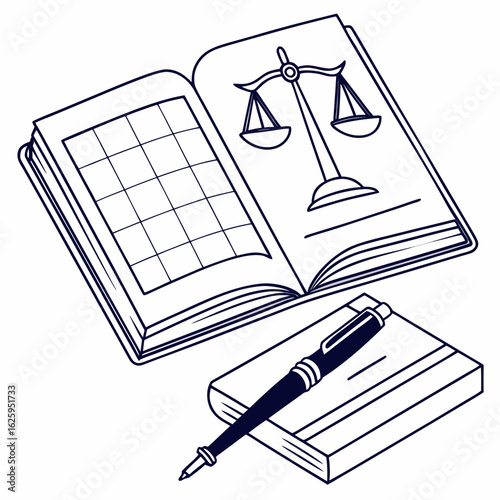 Open law book with scales of justice and pen isolated on white background