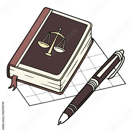 Legal book with scale of justice and pen isolated on white background