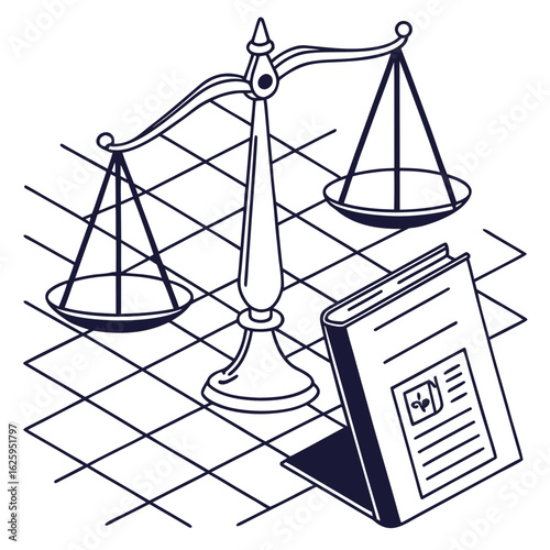 Scale of justice and legal book isolated on white background