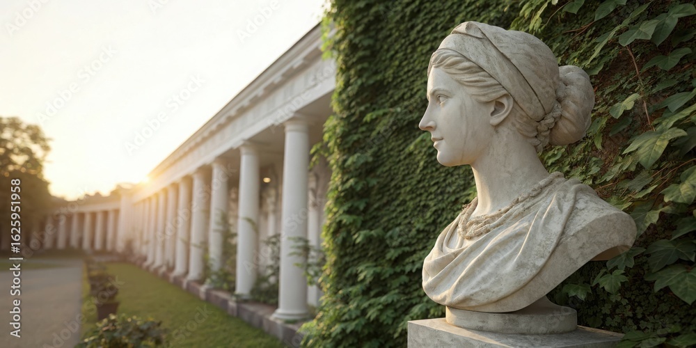 Obraz premium Classical sculpture bust overlooking a sunlit colonnade and lush greenery
