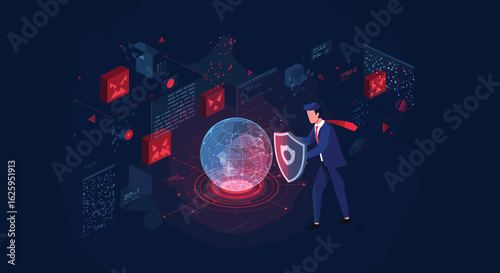 Business Illustration Vector of Cybersecurity Concept Featuring Man with Shield Protecting Globe from Data Breach on Dark Blue Background Modern Style
