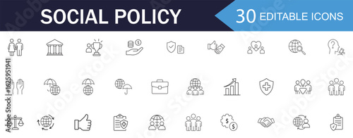 Social policy line icons set. Collection of Social services Linear Icons, Including, healthcare, family, education, protection, law, insurance, healthcare, reform and more. vector illustration.