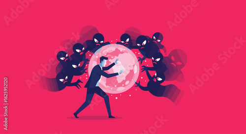 Illustration Vector Depicting Business Man Defending Earth From Shadowy Figures in Modern Geometric Style Pink Background