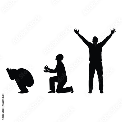 Three male figures in silhouette showing progression from bowing to kneeling to standing with arms raised in celebration silhouette
