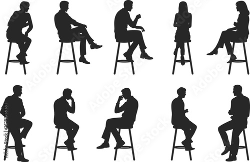 Silhouettes of men and women sitting on high stools, casual conversation, thinking, relaxing pose, vector illustration, professional posture clipart

