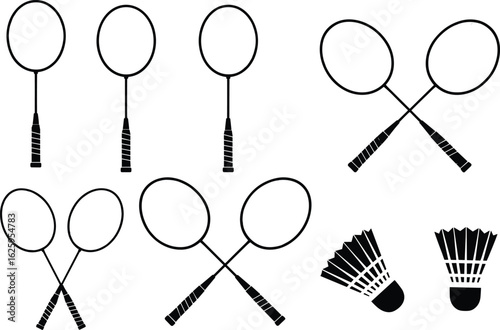 Silhouette set of badminton rackets, shuttlecocks, sports equipment, minimal graphic style, detailed line drawing, flat vector illustration