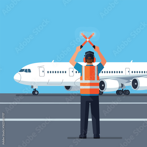 Airport marshaller guiding a large airplane with signal wands.