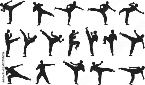 Silhouette collection of martial arts fighters practicing various kicks, punches, defense stances in training, flat vector illustration