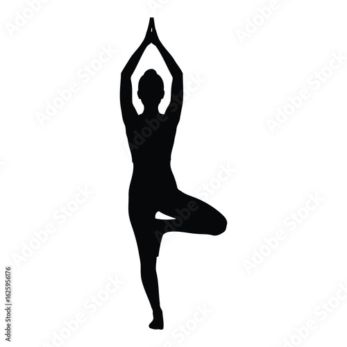 A person performing the vrksasana yoga pose also known as the tree pose in a striking black silhouette against a white background emphasizing balance and mindfulness silhouette