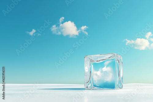 Transparent Ice Cube on a Minimalist White and Blue Background
