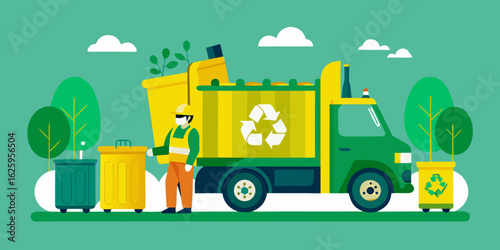 A sanitation worker in uniform and mask stands beside a recycling truck and bins with trees and clouds in the background