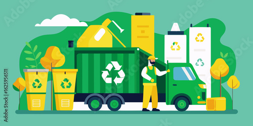 A sanitation worker in uniform stands beside a green garbage truck with recycling symbols and yellow bins in a stylized landscape