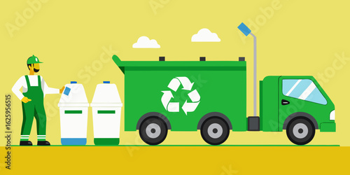 Recycling worker with green truck and bins collecting waste for environmental sustainability and ecological conservation efforts