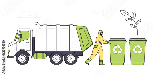 Sanitation worker in protective suit collecting recycling bins next to a garbage truck on a white background