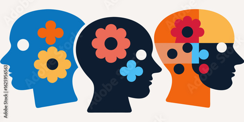 Three stylized human heads in profile with colorful abstract flower shapes and circles inside representing thoughts and ideas