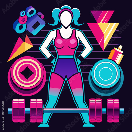 Retro fitness woman with weights and geometric shapes isolated on white background
