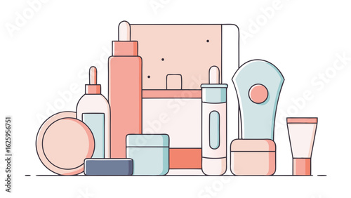 A collection of minimalist flat design beauty and skincare products arranged in a pleasing composition