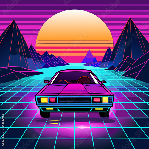 Retro 80s synthwave car driving through neon landscape isolated on white background
