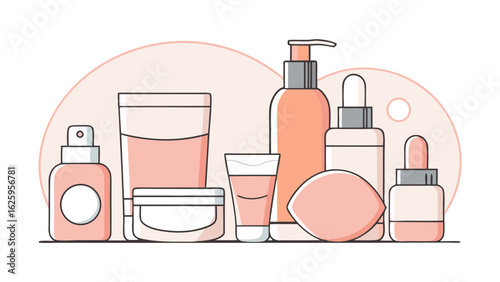 A collection of modern minimalist skincare products and beauty essentials arranged in a pleasing composition with soft pink hues