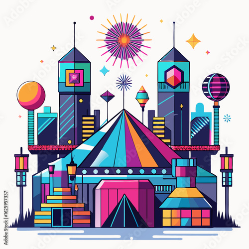 Vibrant abstract cityscape with circus tent and fireworks isolated on white background